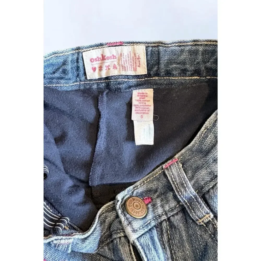 Vintage OshKosh Bgosh Girls Blue Denim Patchwork Embroidered Skort Size 5